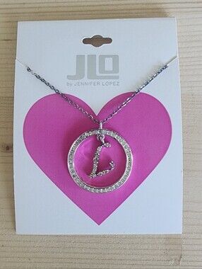 Jennifer Lopez Silver Crystal 'J' Initial Pendant Necklace - Pink Accent Card